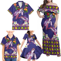 Hawaiian Lei Turtle and Plumeria Family Matching Off Shoulder Maxi Dress and Hawaiian Shirt Polynerian Art Tattoo-Navy Color