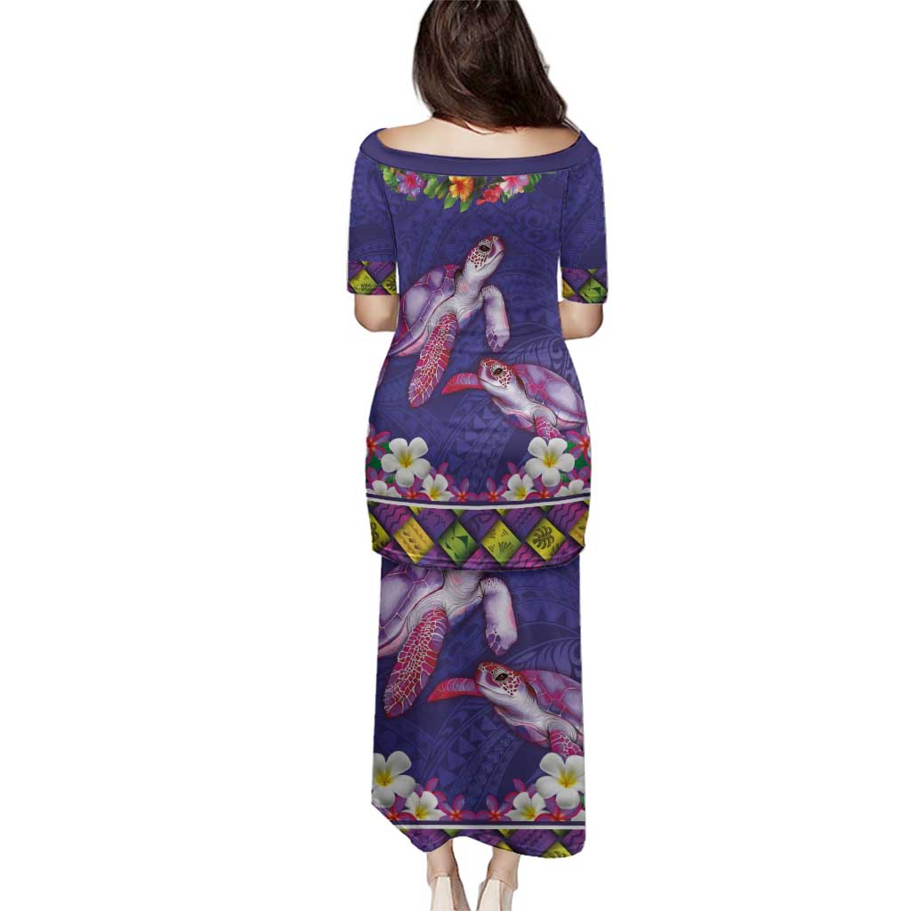 Hawaiian Lei Turtle and Plumeria Family Matching Puletasi and Hawaiian Shirt Polynerian Art Tattoo-Navy Color