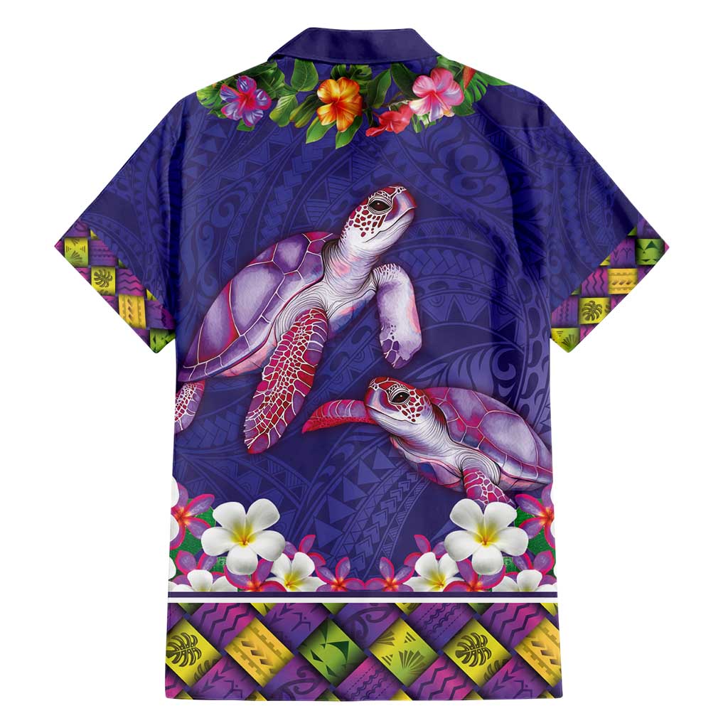 Hawaiian Lei Turtle and Plumeria Family Matching Short Sleeve Bodycon Dress and Hawaiian Shirt Polynerian Art Tattoo-Navy Color