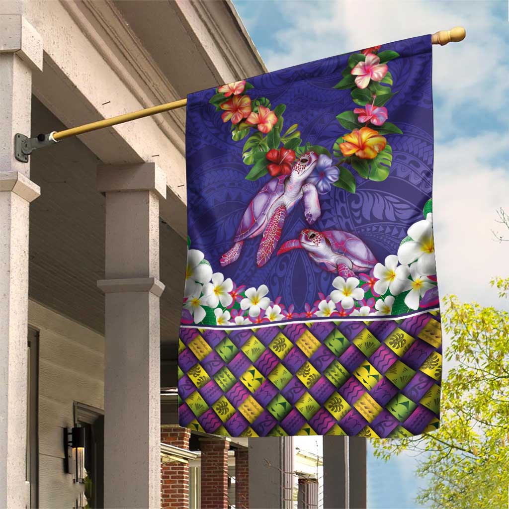 Hawaiian Lei Turtle and Plumeria Garden Flag Polynerian Art Tattoo-Navy Color