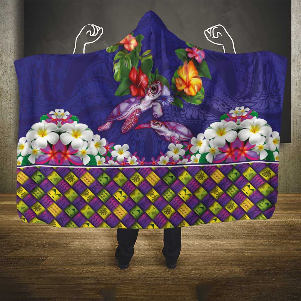 Hawaiian Lei Turtle and Plumeria Hooded Blanket Polynerian Art Tattoo-Navy Color