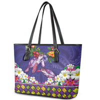 Hawaiian Lei Turtle and Plumeria Leather Tote Bag Polynerian Art Tattoo-Navy Color