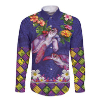 Hawaiian Lei Turtle and Plumeria Long Sleeve Button Shirt Polynerian Art Tattoo-Navy Color
