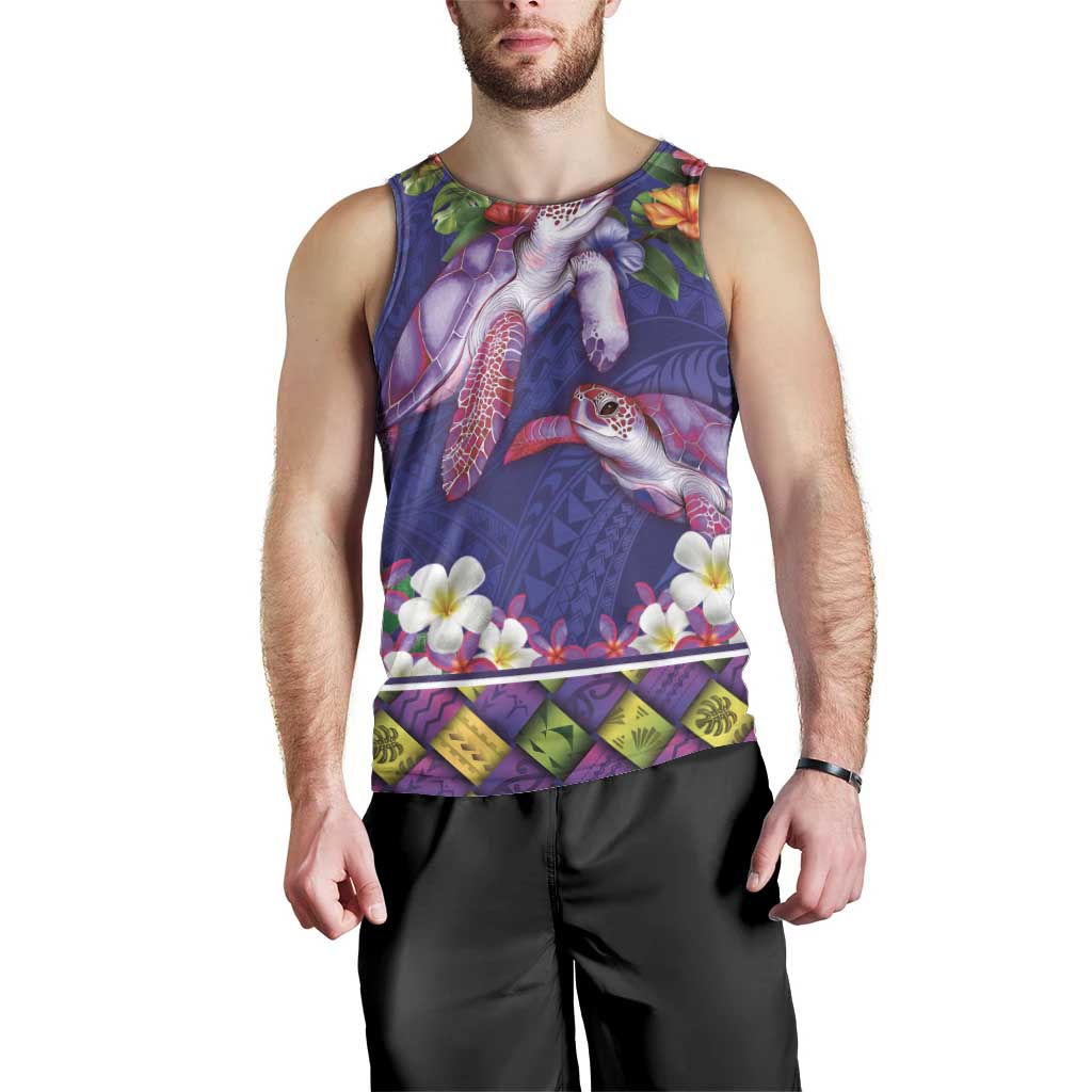 Hawaiian Lei Turtle and Plumeria Men Tank Top Polynerian Art Tattoo-Navy Color