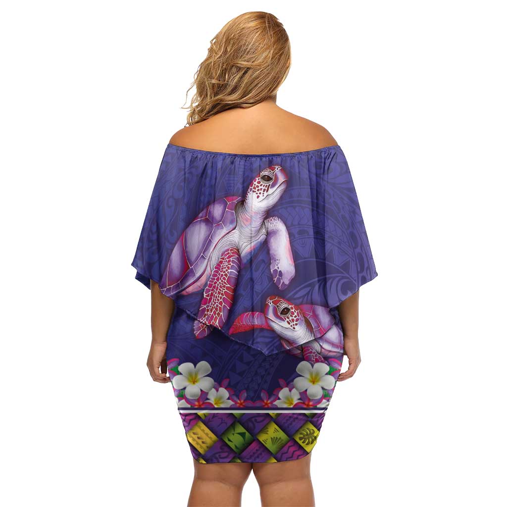 Hawaiian Lei Turtle and Plumeria Off Shoulder Short Dress Polynerian Art Tattoo-Navy Color