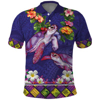 Hawaiian Lei Turtle and Plumeria Polo Shirt Polynerian Art Tattoo-Navy Color