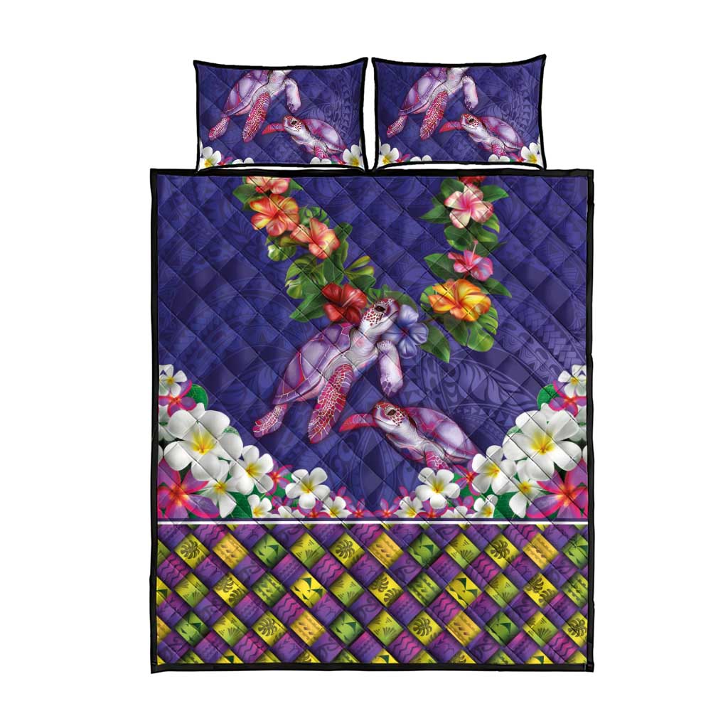Hawaiian Lei Turtle and Plumeria Quilt Bed Set Polynerian Art Tattoo-Navy Color