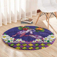 Hawaiian Lei Turtle and Plumeria Round Carpet Polynerian Art Tattoo-Navy Color