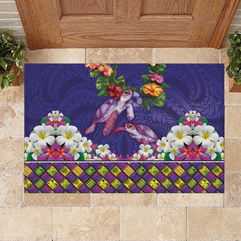 Hawaiian Lei Turtle and Plumeria Rubber Doormat Polynerian Art Tattoo-Navy Color