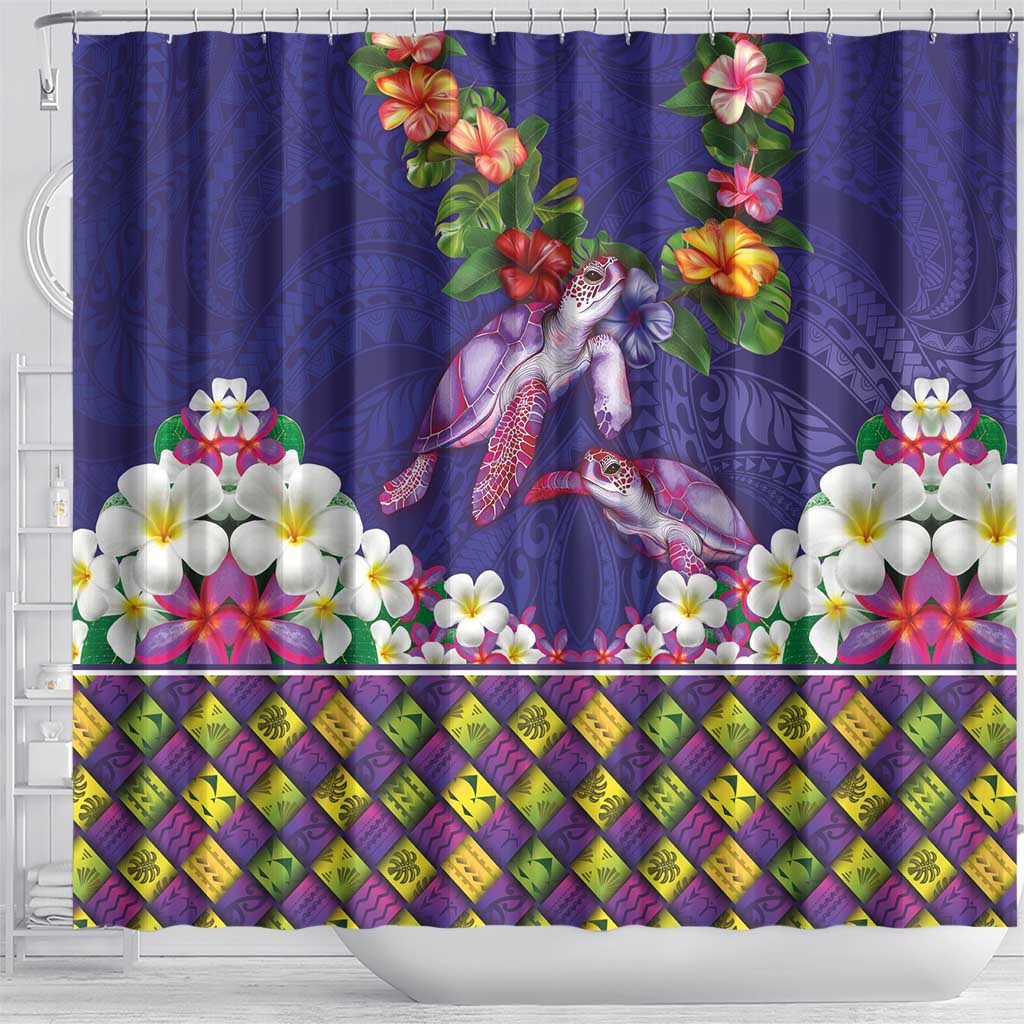 Hawaiian Lei Turtle and Plumeria Shower Curtain Polynerian Art Tattoo-Navy Color