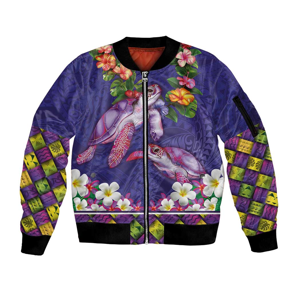 Hawaiian Lei Turtle and Plumeria Sleeve Zip Bomber Jacket Polynerian Art Tattoo-Navy Color