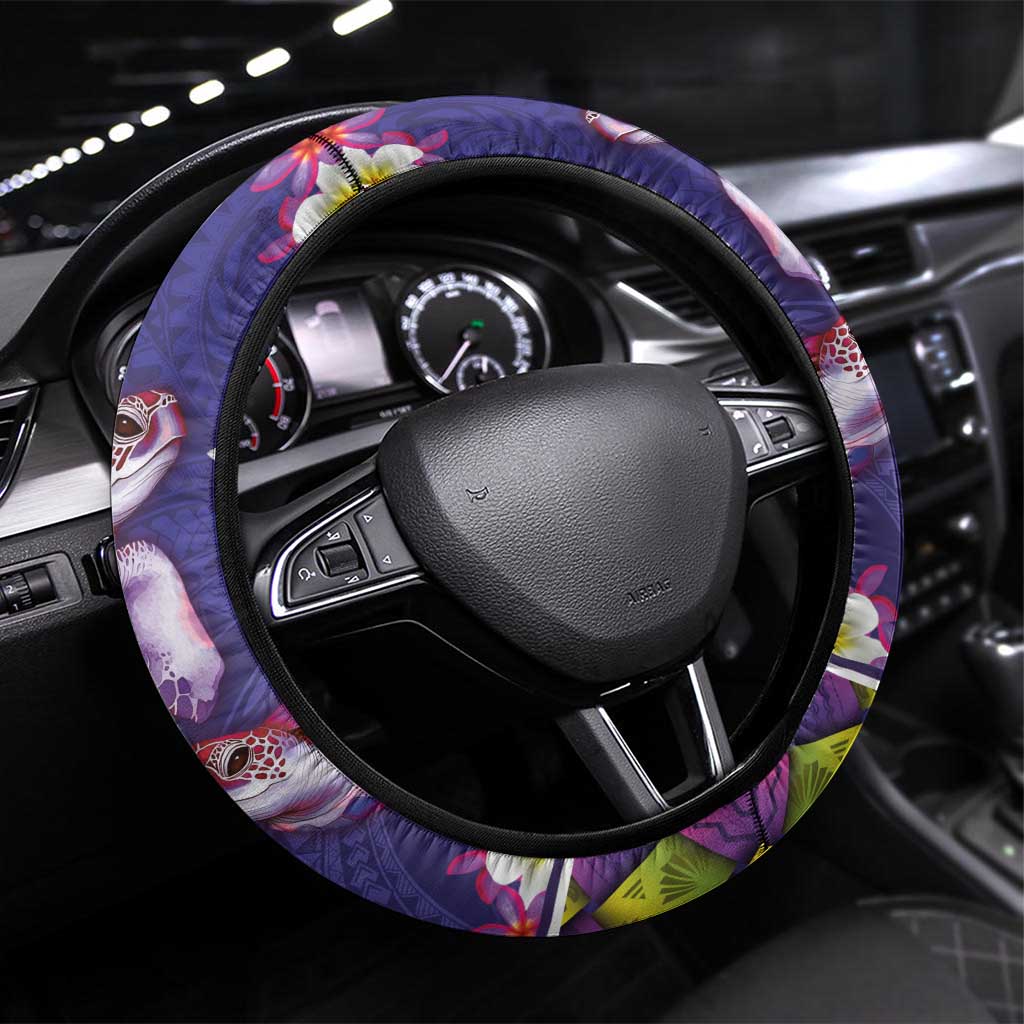 Hawaiian Lei Turtle and Plumeria Steering Wheel Cover Polynerian Art Tattoo-Navy Color