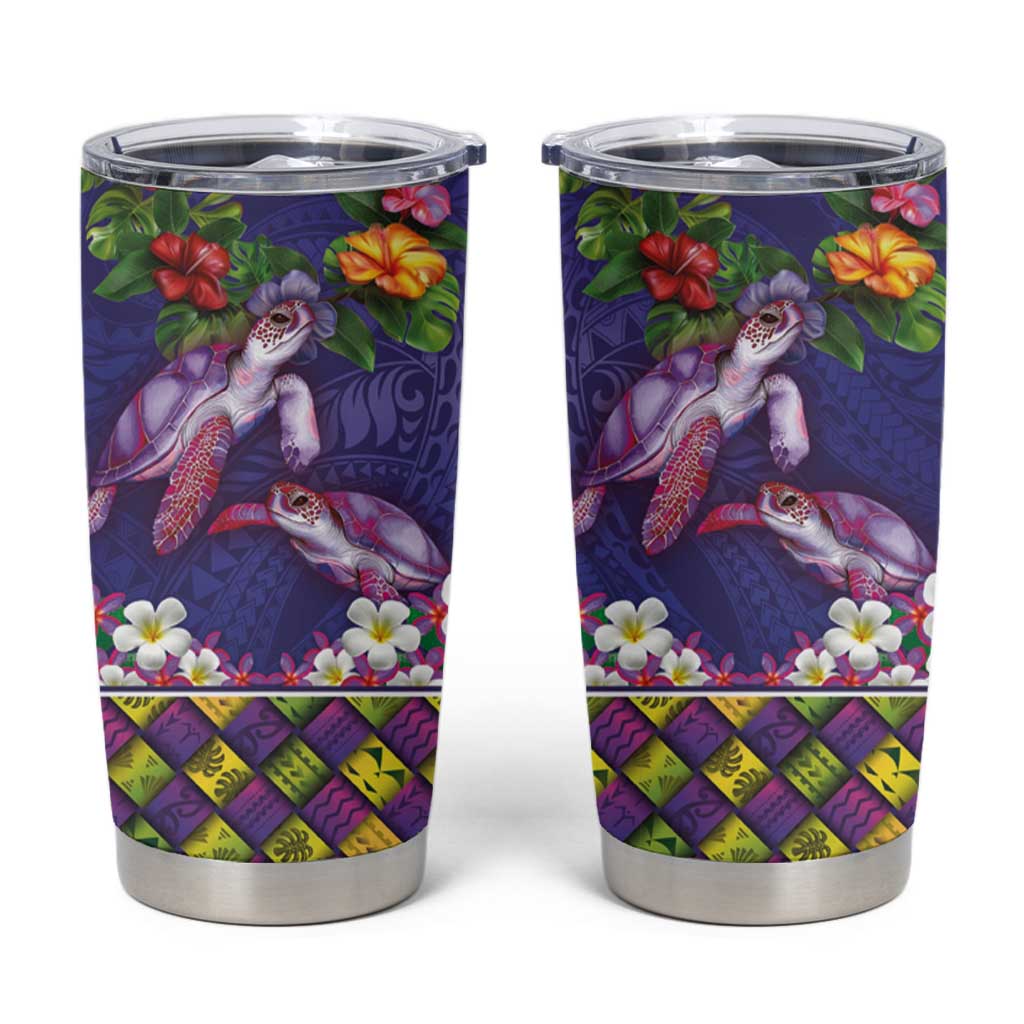 Hawaiian Lei Turtle and Plumeria Tumbler Cup Polynerian Art Tattoo-Navy Color