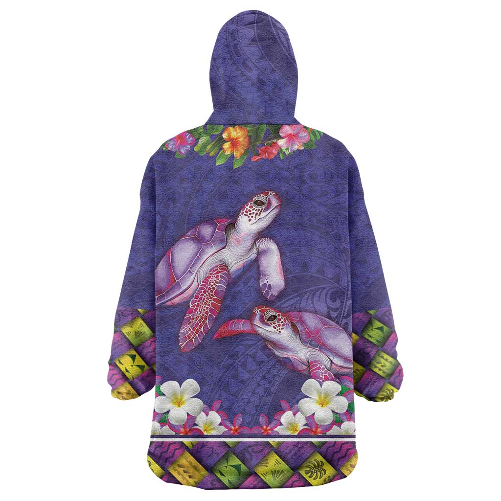 Hawaiian Lei Turtle and Plumeria Wearable Blanket Hoodie Polynerian Art Tattoo-Navy Color