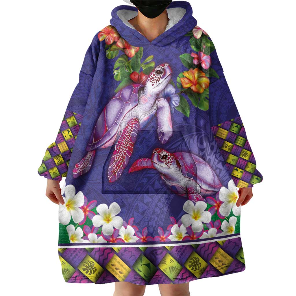 Hawaiian Lei Turtle and Plumeria Wearable Blanket Hoodie Polynerian Art Tattoo-Navy Color