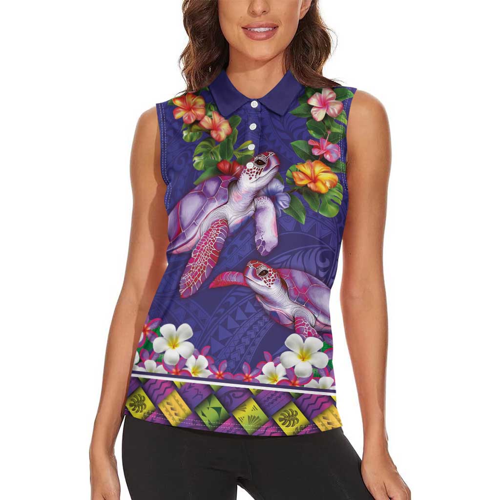 Hawaiian Lei Turtle and Plumeria Women Sleeveless Polo Shirt Polynerian Art Tattoo-Navy Color