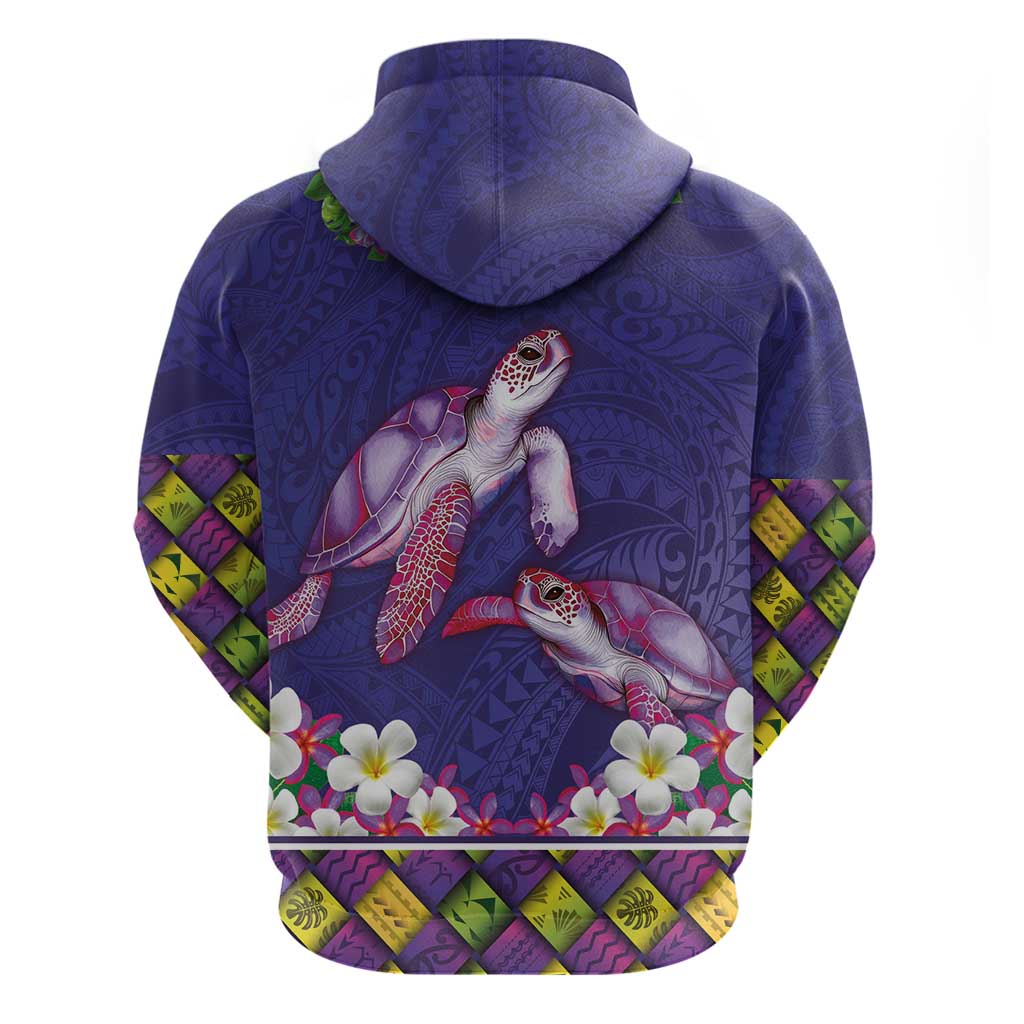 Hawaiian Lei Turtle and Plumeria Zip Hoodie Polynerian Art Tattoo-Navy Color