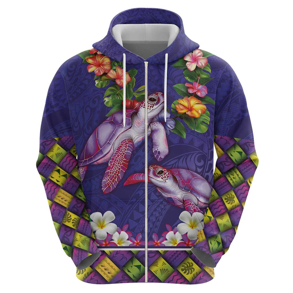 Hawaiian Lei Turtle and Plumeria Zip Hoodie Polynerian Art Tattoo-Navy Color