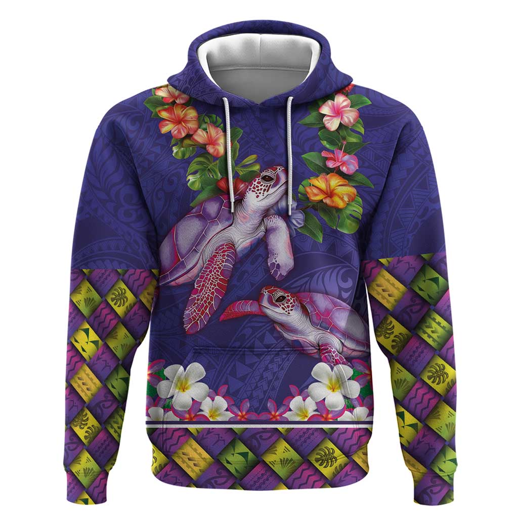 Hawaiian Lei Turtle and Plumeria Zip Hoodie Polynerian Art Tattoo-Navy Color