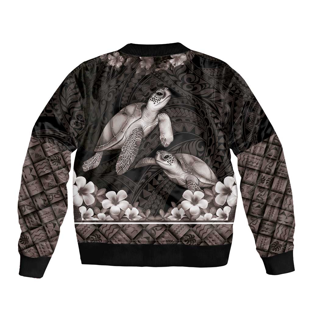 Hawaiian Lei Turtle and Plumeria Bomber Jacket Polynerian Art Tattoo-Grayscale Mode