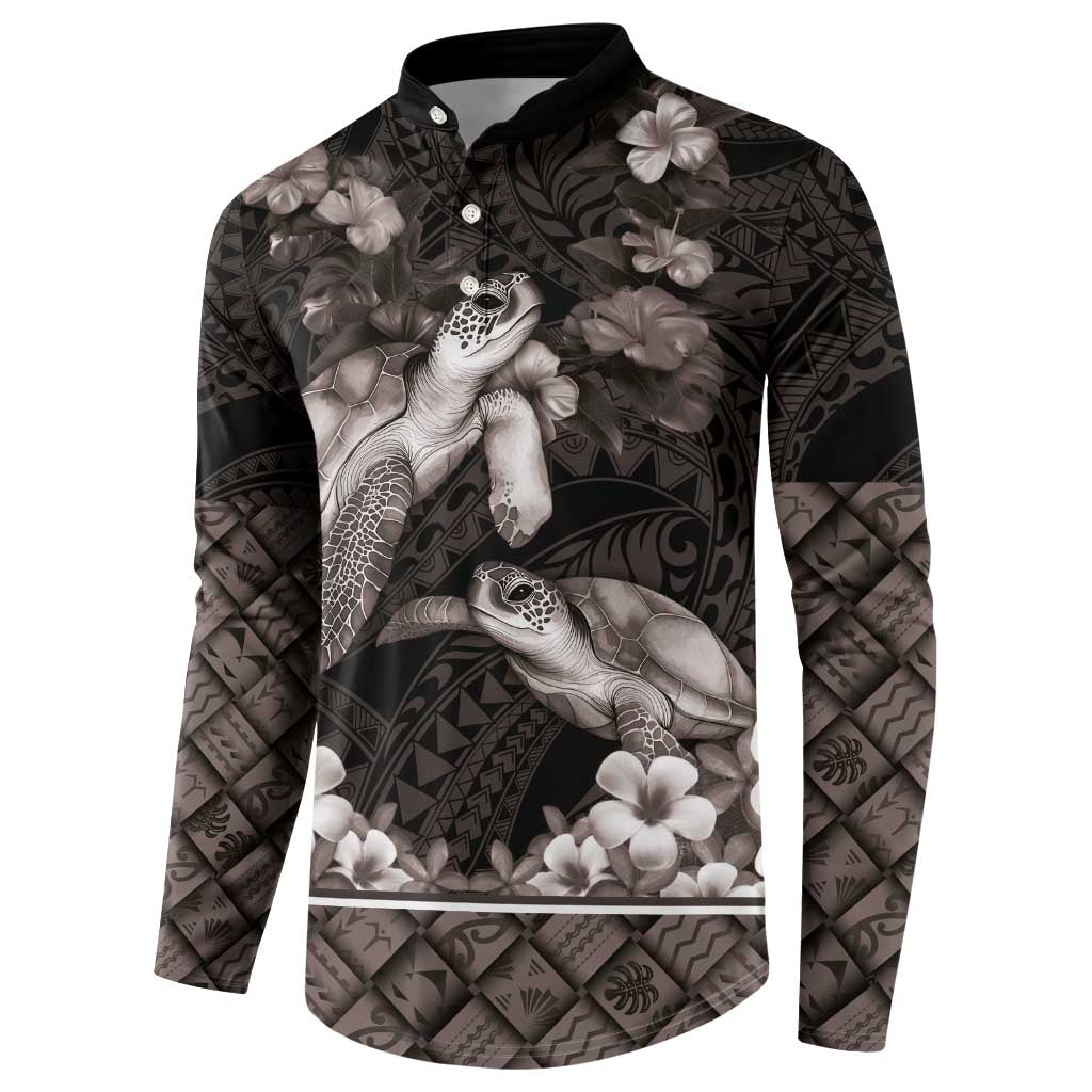 Hawaiian Lei Turtle and Plumeria Button Sweatshirt Polynerian Art Tattoo-Grayscale Mode