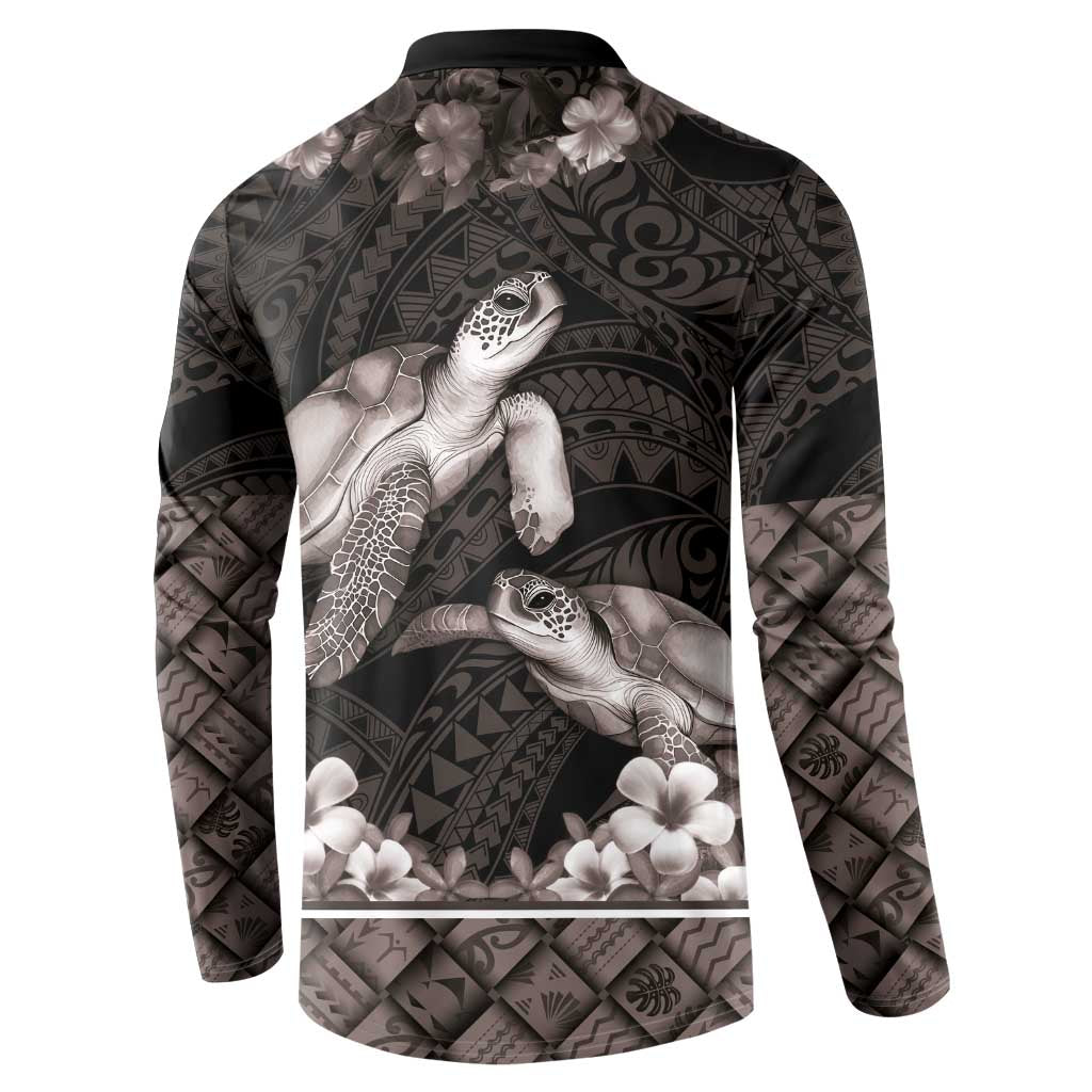 Hawaiian Lei Turtle and Plumeria Button Sweatshirt Polynerian Art Tattoo-Grayscale Mode