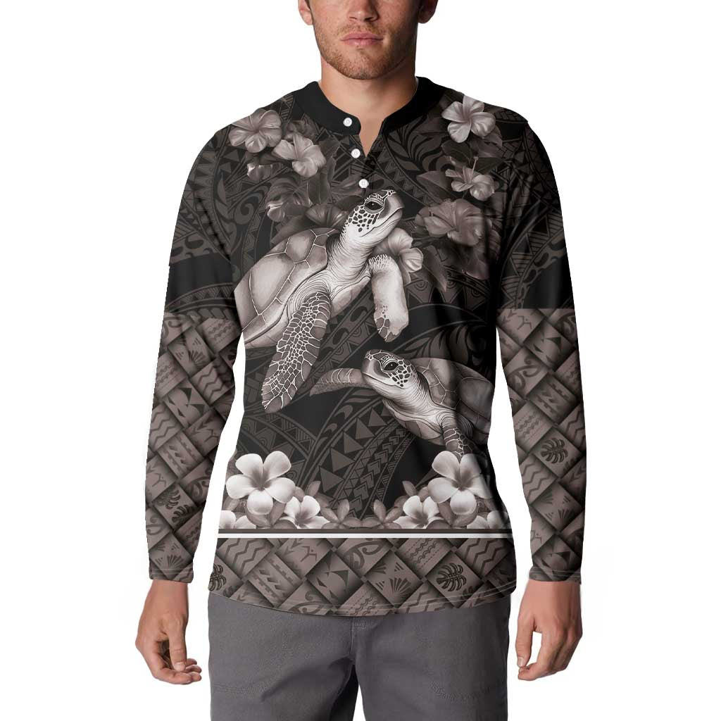 Hawaiian Lei Turtle and Plumeria Button Sweatshirt Polynerian Art Tattoo-Grayscale Mode