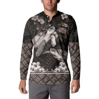 Hawaiian Lei Turtle and Plumeria Button Sweatshirt Polynerian Art Tattoo-Grayscale Mode