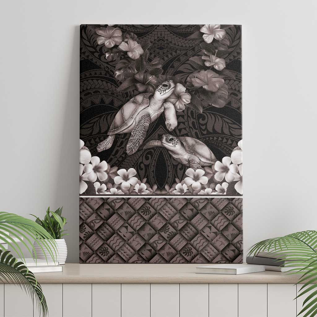 Hawaiian Lei Turtle and Plumeria Canvas Wall Art Polynerian Art Tattoo-Grayscale Mode