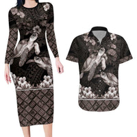 Hawaiian Lei Turtle and Plumeria Couples Matching Long Sleeve Bodycon Dress and Hawaiian Shirt Polynerian Art Tattoo-Grayscale Mode