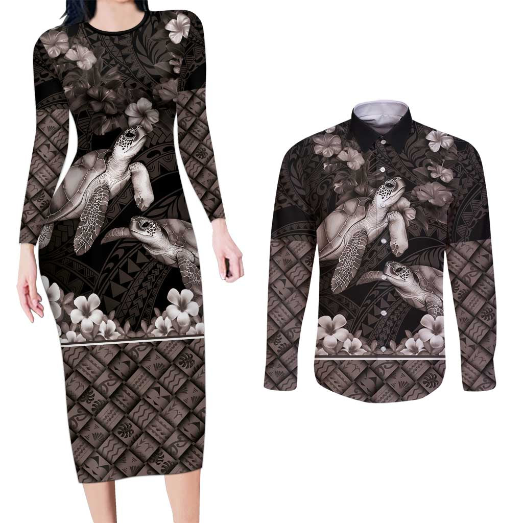 Hawaiian Lei Turtle and Plumeria Couples Matching Long Sleeve Bodycon Dress and Long Sleeve Button Shirt Polynerian Art Tattoo-Grayscale Mode