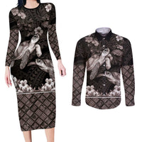 Hawaiian Lei Turtle and Plumeria Couples Matching Long Sleeve Bodycon Dress and Long Sleeve Button Shirt Polynerian Art Tattoo-Grayscale Mode
