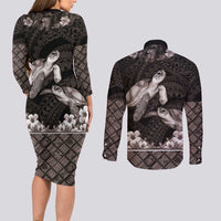 Hawaiian Lei Turtle and Plumeria Couples Matching Long Sleeve Bodycon Dress and Long Sleeve Button Shirt Polynerian Art Tattoo-Grayscale Mode