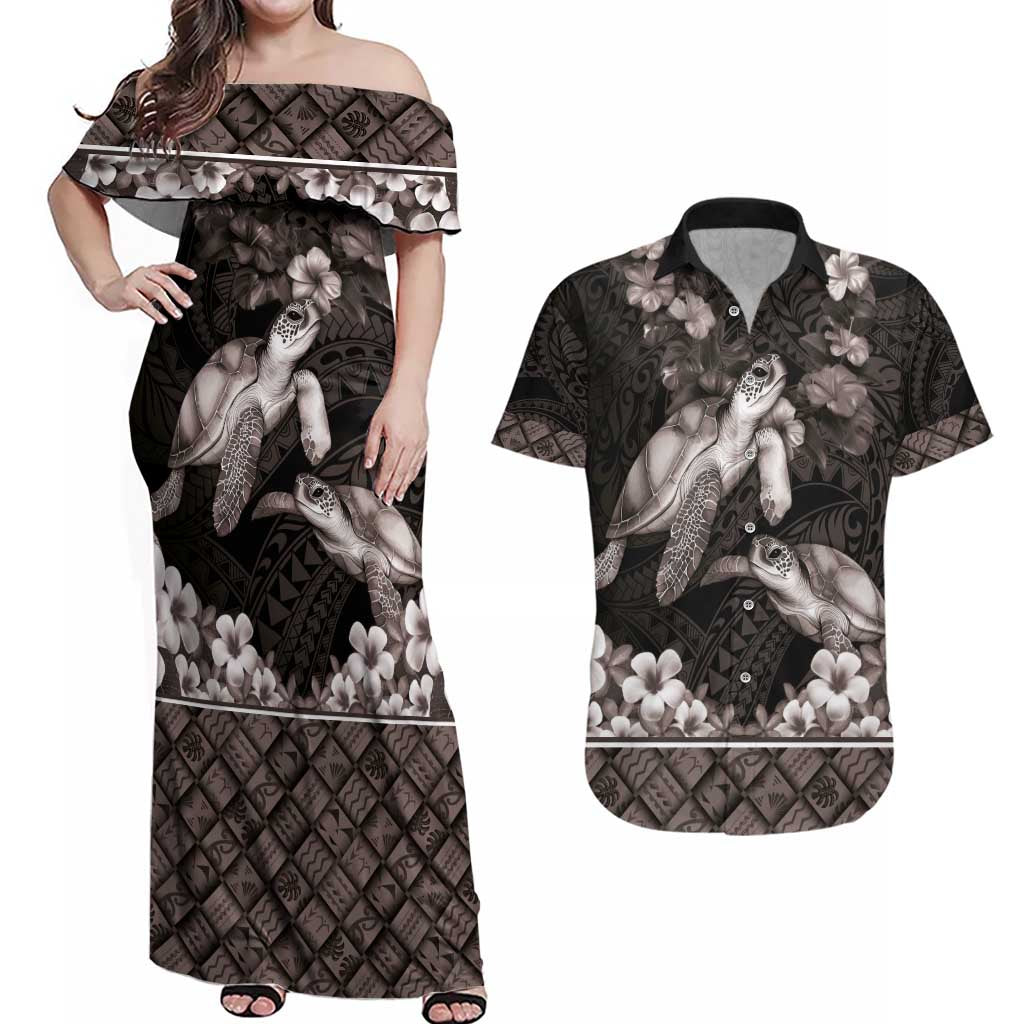 Hawaiian Lei Turtle and Plumeria Couples Matching Off Shoulder Maxi Dress and Hawaiian Shirt Polynerian Art Tattoo-Grayscale Mode