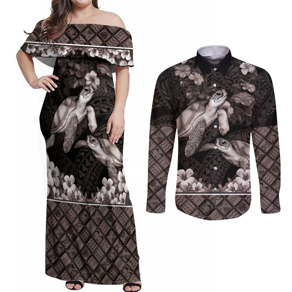 Hawaiian Lei Turtle and Plumeria Couples Matching Off Shoulder Maxi Dress and Long Sleeve Button Shirt Polynerian Art Tattoo-Grayscale Mode
