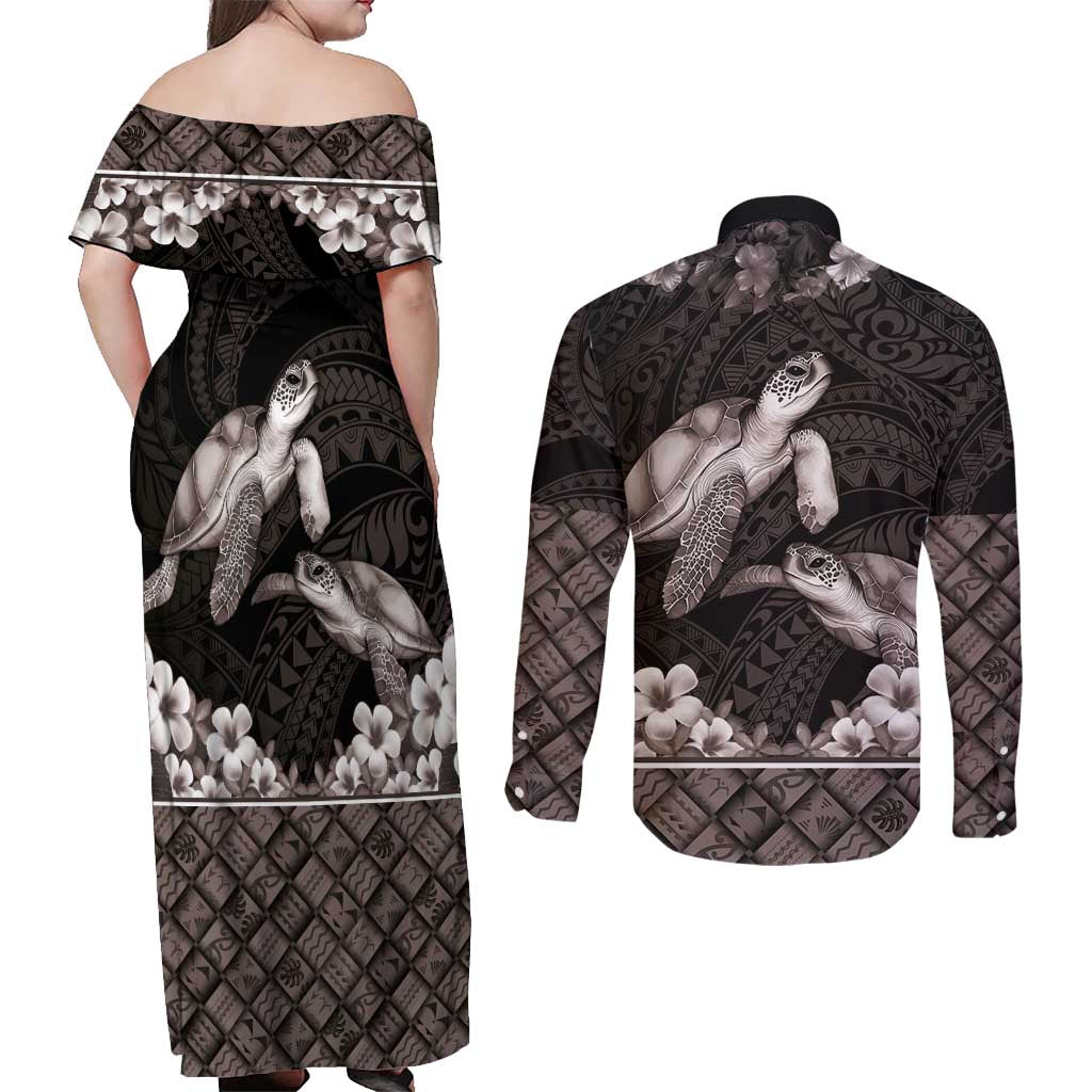 Hawaiian Lei Turtle and Plumeria Couples Matching Off Shoulder Maxi Dress and Long Sleeve Button Shirt Polynerian Art Tattoo-Grayscale Mode