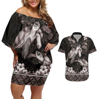 Hawaiian Lei Turtle and Plumeria Couples Matching Off Shoulder Short Dress and Hawaiian Shirt Polynerian Art Tattoo-Grayscale Mode
