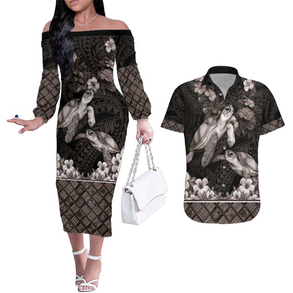 Hawaiian Lei Turtle and Plumeria Couples Matching Off The Shoulder Long Sleeve Dress and Hawaiian Shirt Polynerian Art Tattoo-Grayscale Mode