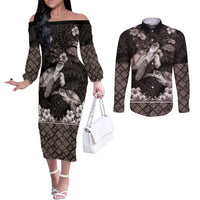 Hawaiian Lei Turtle and Plumeria Couples Matching Off The Shoulder Long Sleeve Dress and Long Sleeve Button Shirt Polynerian Art Tattoo-Grayscale Mode