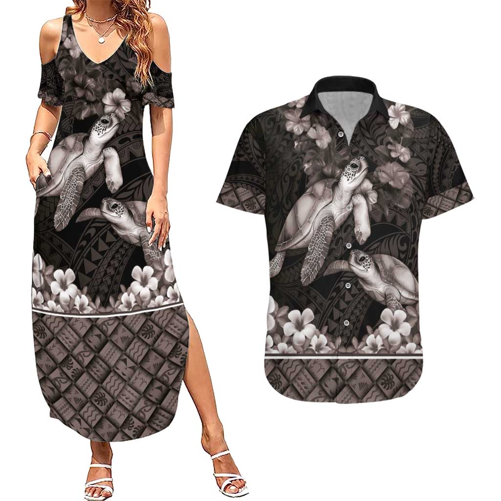 Hawaiian Lei Turtle and Plumeria Couples Matching Summer Maxi Dress and Hawaiian Shirt Polynerian Art Tattoo-Grayscale Mode