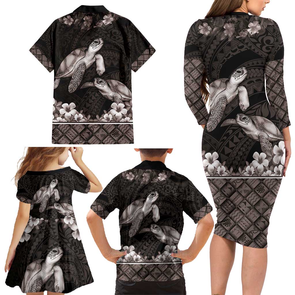 Hawaiian Lei Turtle and Plumeria Family Matching Long Sleeve Bodycon Dress and Hawaiian Shirt Polynerian Art Tattoo-Grayscale Mode