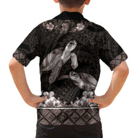 Hawaiian Lei Turtle and Plumeria Family Matching Off The Shoulder Long Sleeve Dress and Hawaiian Shirt Polynerian Art Tattoo-Grayscale Mode