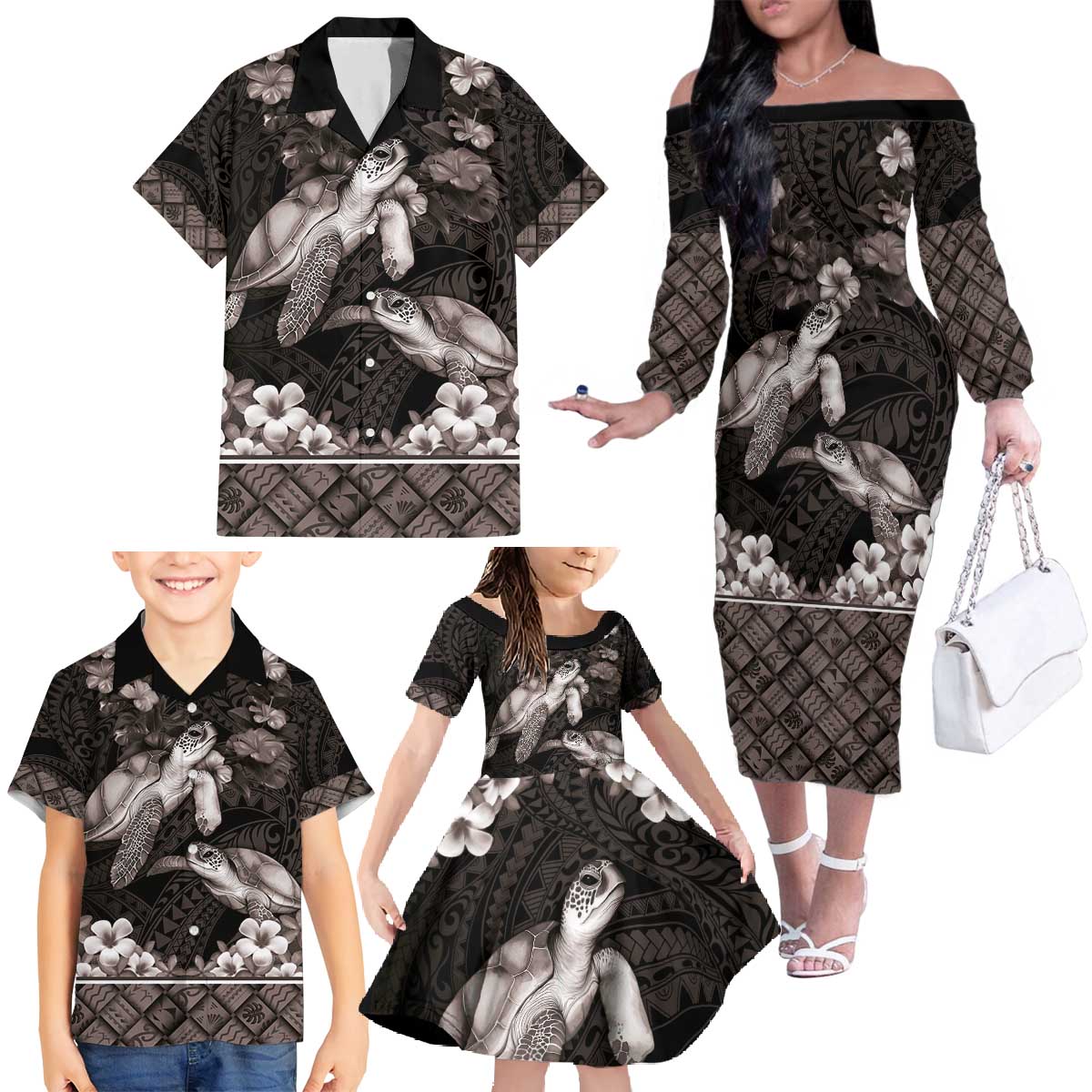 Hawaiian Lei Turtle and Plumeria Family Matching Off The Shoulder Long Sleeve Dress and Hawaiian Shirt Polynerian Art Tattoo-Grayscale Mode