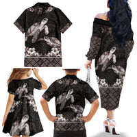Hawaiian Lei Turtle and Plumeria Family Matching Off The Shoulder Long Sleeve Dress and Hawaiian Shirt Polynerian Art Tattoo-Grayscale Mode