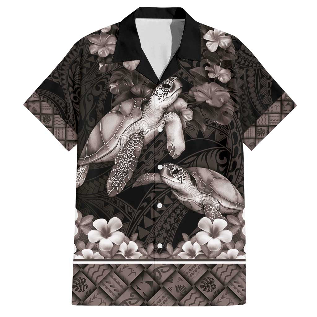 Hawaiian Lei Turtle and Plumeria Family Matching Off Shoulder Maxi Dress and Hawaiian Shirt Polynerian Art Tattoo-Grayscale Mode