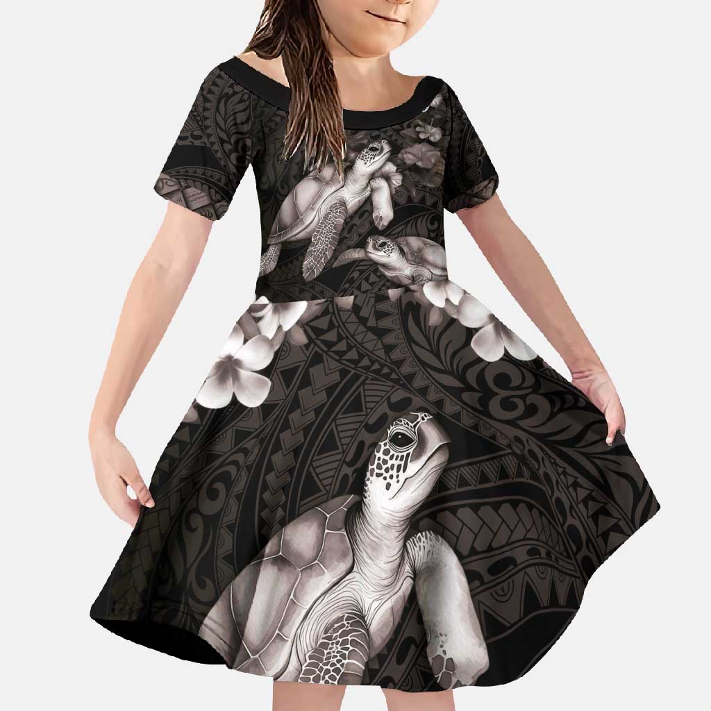 Hawaiian Lei Turtle and Plumeria Family Matching Short Sleeve Bodycon Dress and Hawaiian Shirt Polynerian Art Tattoo-Grayscale Mode