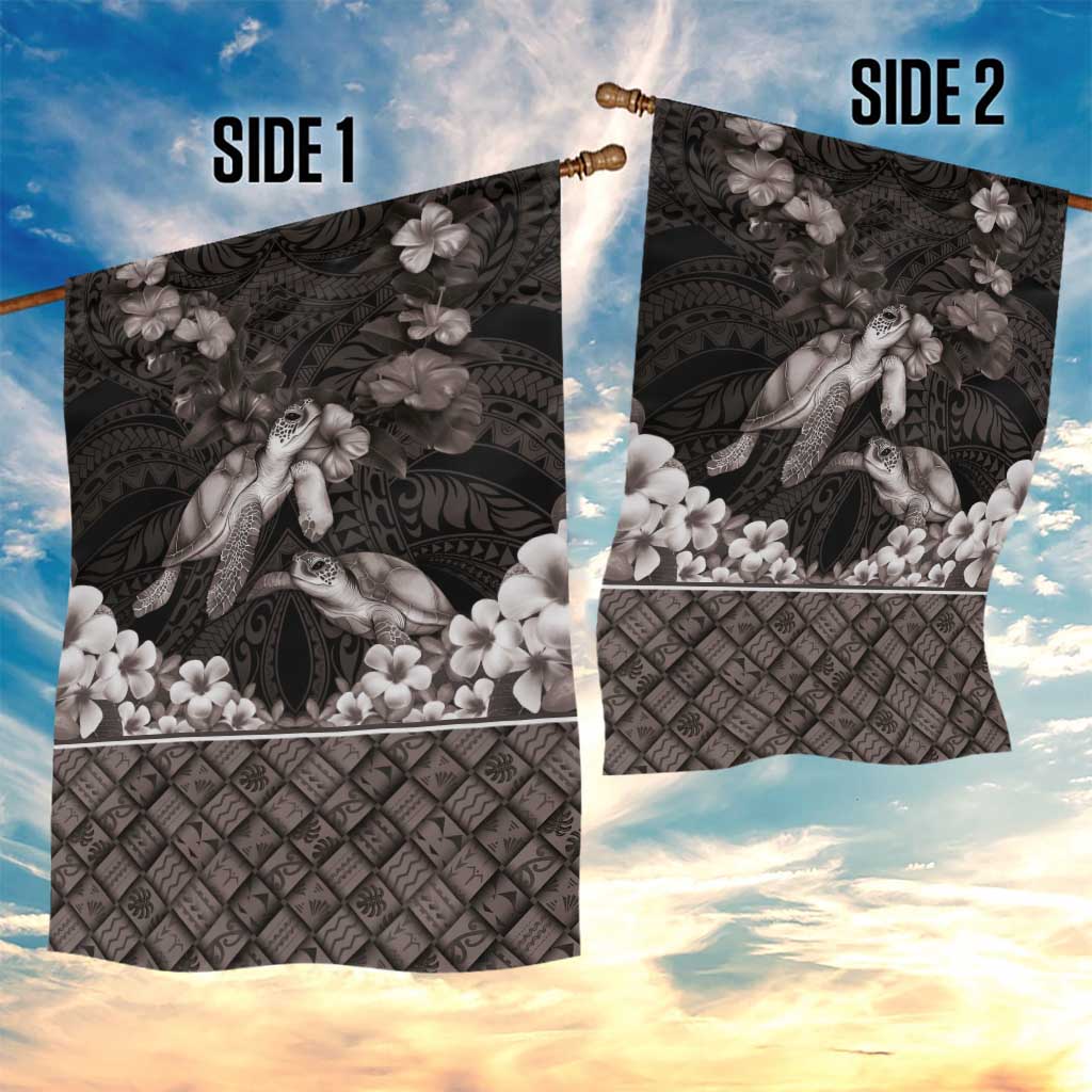 Hawaiian Lei Turtle and Plumeria Garden Flag Polynerian Art Tattoo-Grayscale Mode