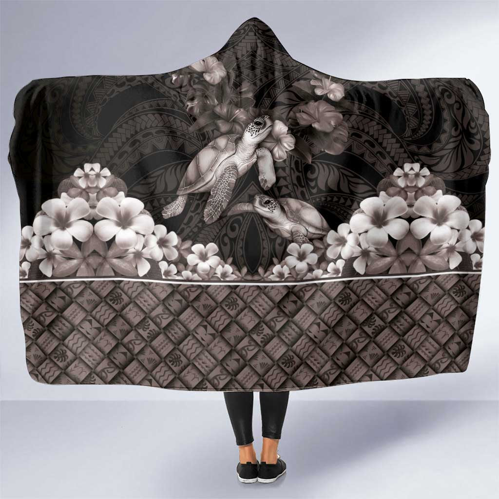 Hawaiian Lei Turtle and Plumeria Hooded Blanket Polynerian Art Tattoo-Grayscale Mode