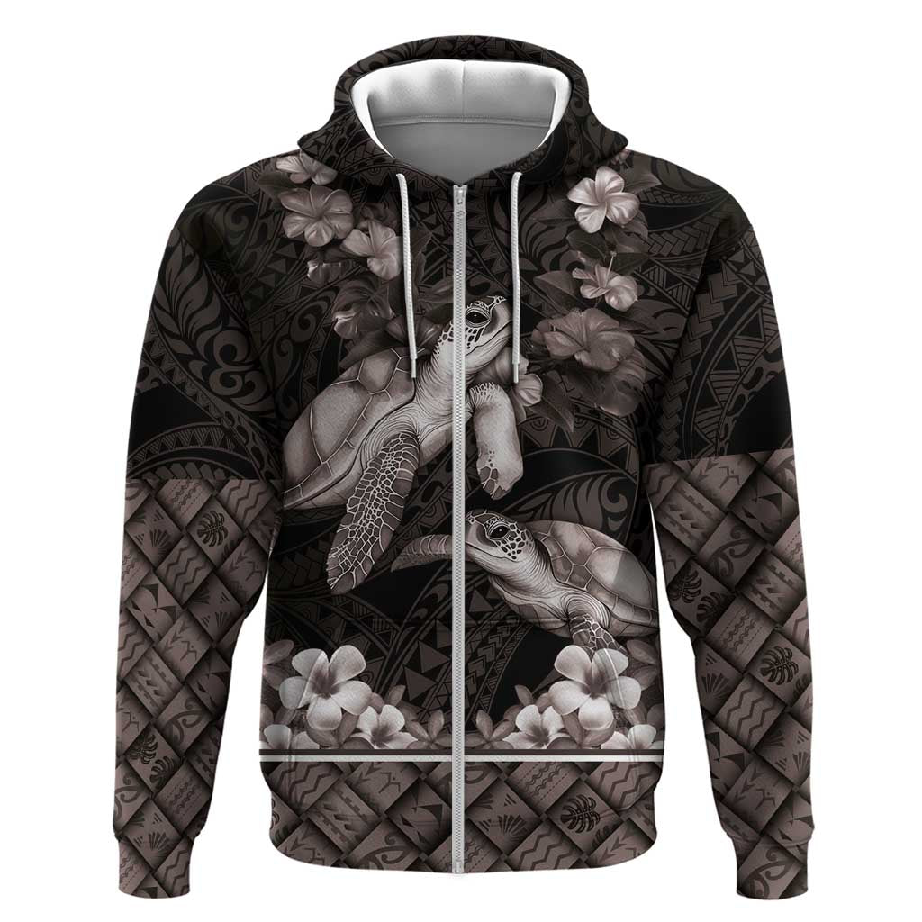 Hawaiian Lei Turtle and Plumeria Hoodie Polynerian Art Tattoo-Grayscale Mode