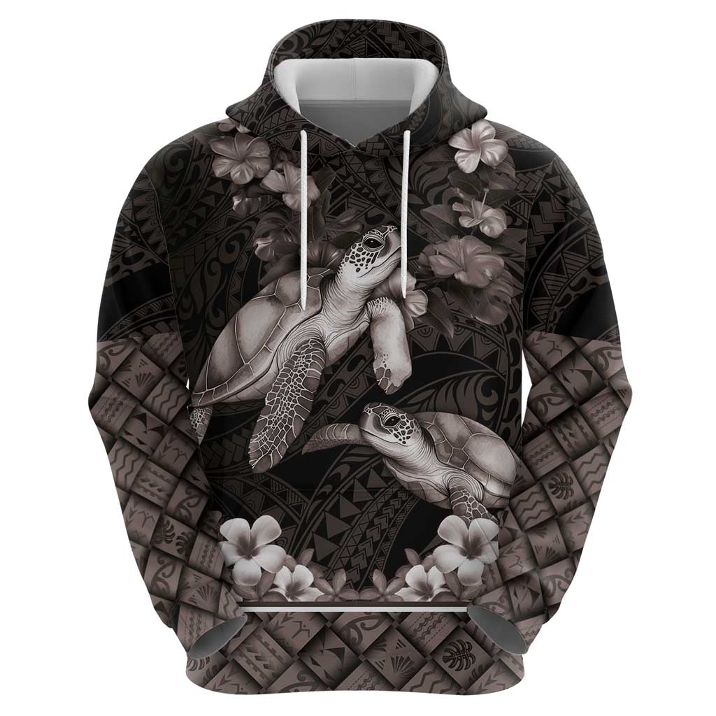 Hawaiian Lei Turtle and Plumeria Hoodie Polynerian Art Tattoo-Grayscale Mode
